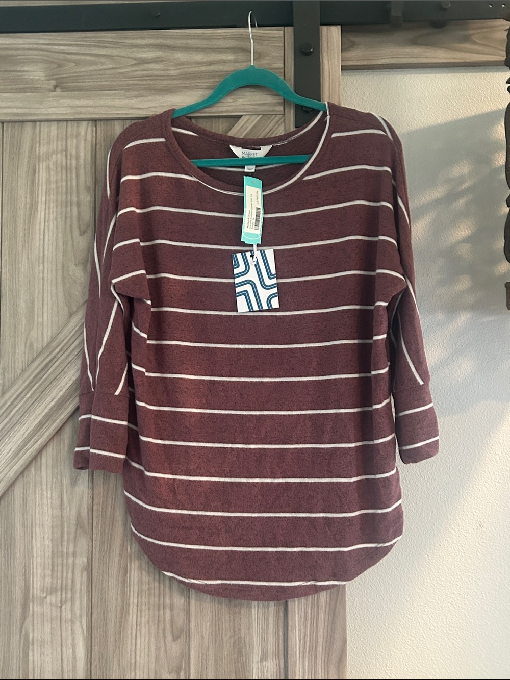 NWT Market & Spruce Maroon and White Striped Crewneck Top